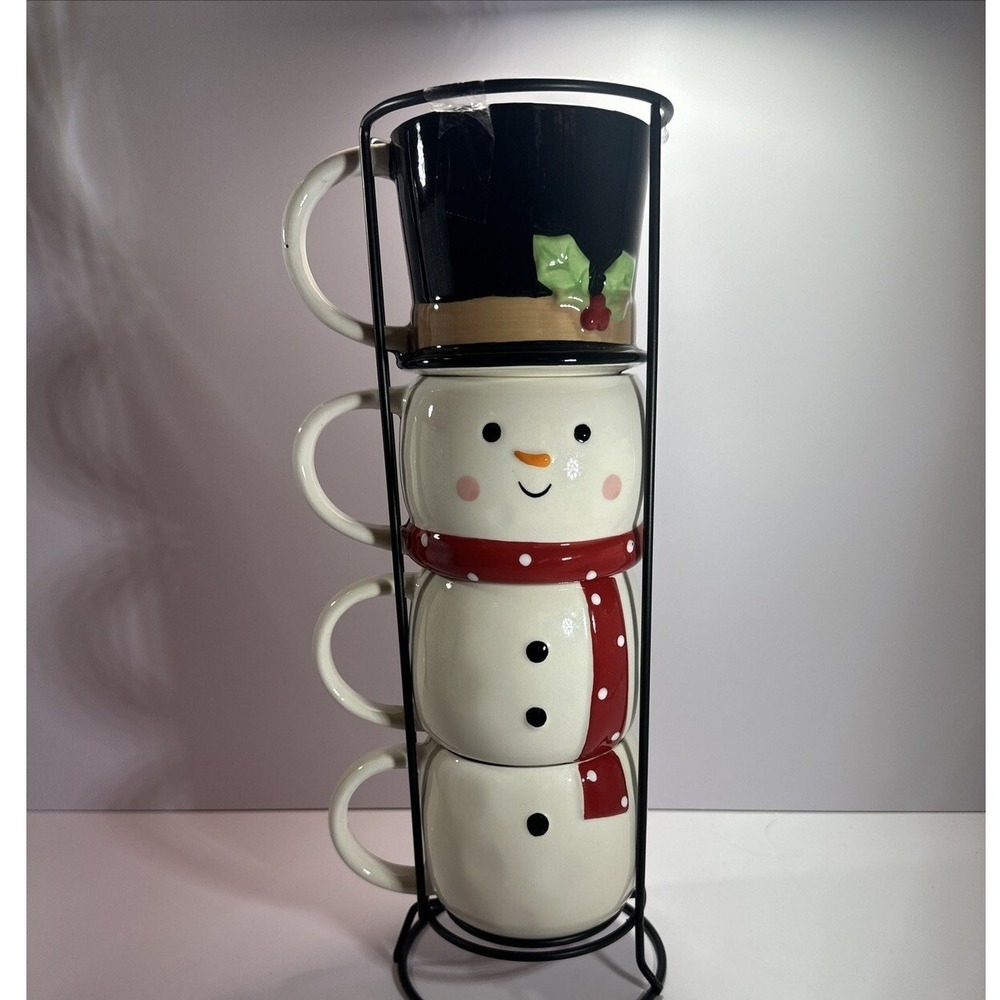 Snowman Stacking Mug Set 4 Ceramic Coffee Cups with Black Metal Storage Rack New